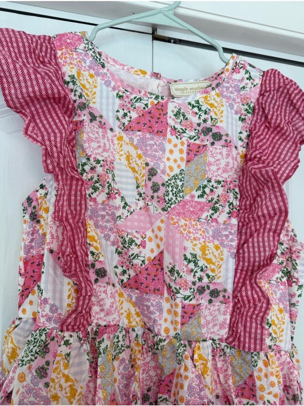 Simply Southern Pink Patchwork Floral Ruffle Top